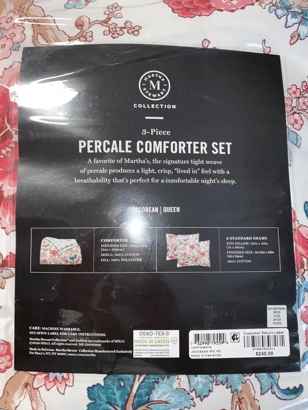 Martha Stewart Percale Jacobean 3 Piece Queen Comforter Set, NWT
